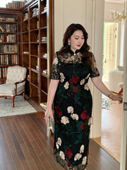 Xixue Gui 吸血鬼 Vampira Plus Size Modernized Sheer Embroidered Floral Short Sleeve Qipao