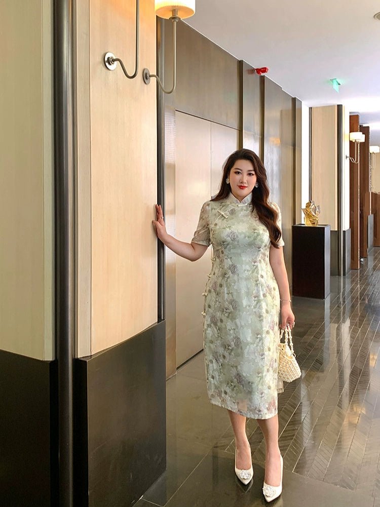 Hujiao Bohe 胡椒薄荷 Peppermint Plus Size Modernized Sheer Lace Short Sleeve Qipao