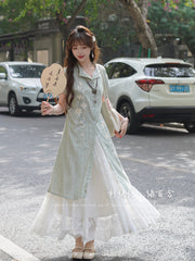 Lü Baihe 绿百合 Green Lily New Chinese Style Pure Cotton Round Collar Embroidered Day Dress