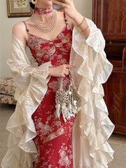 Tumi 荼靡 Bitter Herb New Chinese Style Summer Mermaid Floral Dress & Lace Cardigan Set