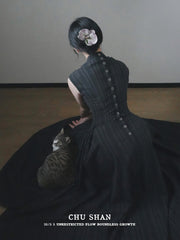 Wednesday 星期三 New Chinese Style Pinstripe Square Skirt Victorian Qipao Dress