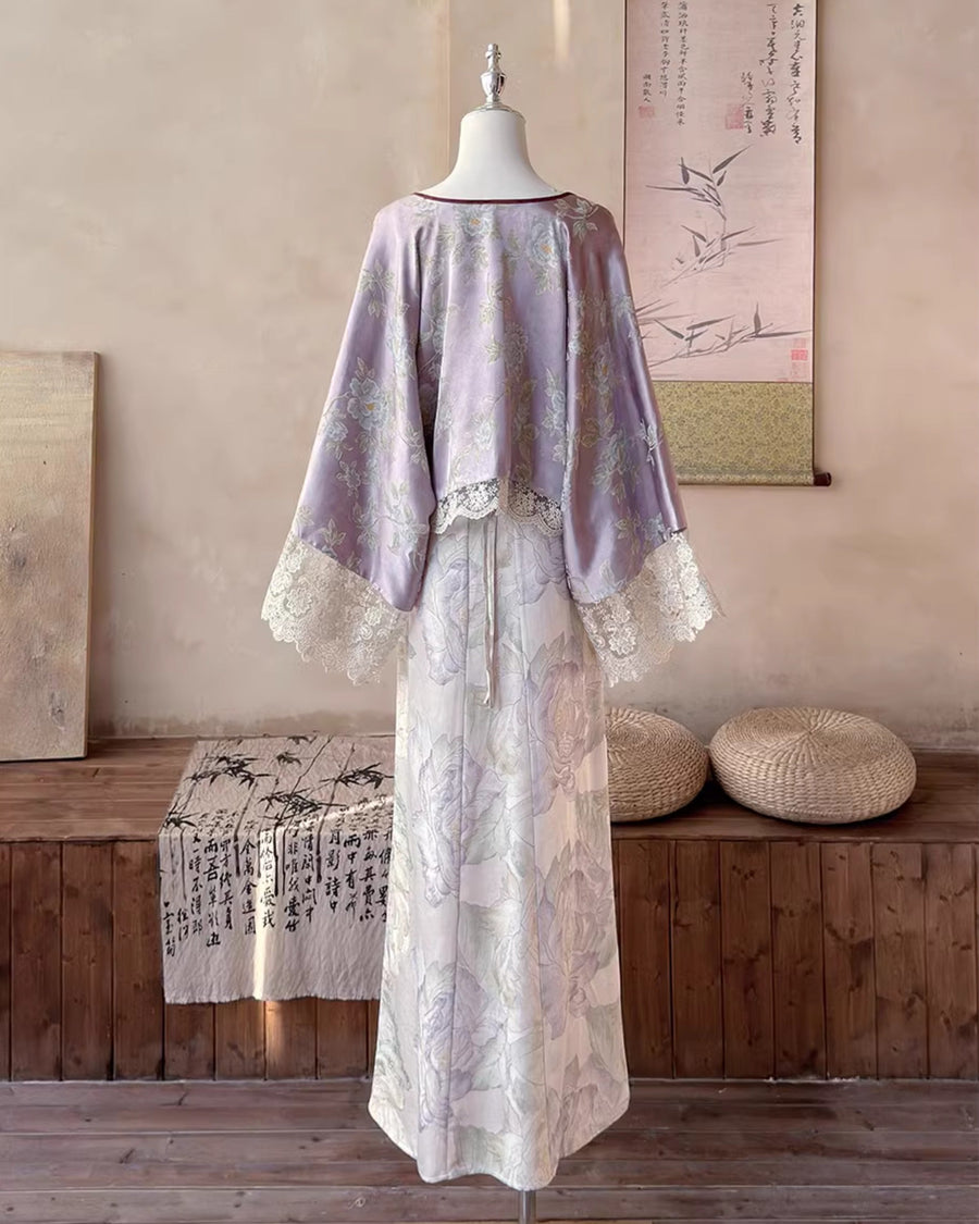 Zi Zhi 紫栀 Purple Gardenia Neo Chinese Lace Hezi Dress & Cardigan Set