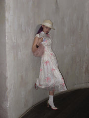 Coconut Grove 满幅椰林 New Chinese Style Embroidered Flamingo Qipao Top & Midi Skirt Set