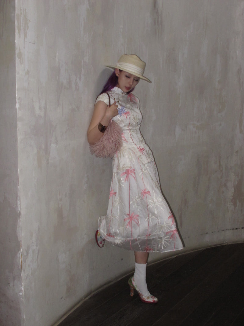 Coconut Grove 满幅椰林 New Chinese Style Embroidered Flamingo Qipao Top & Midi Skirt Set