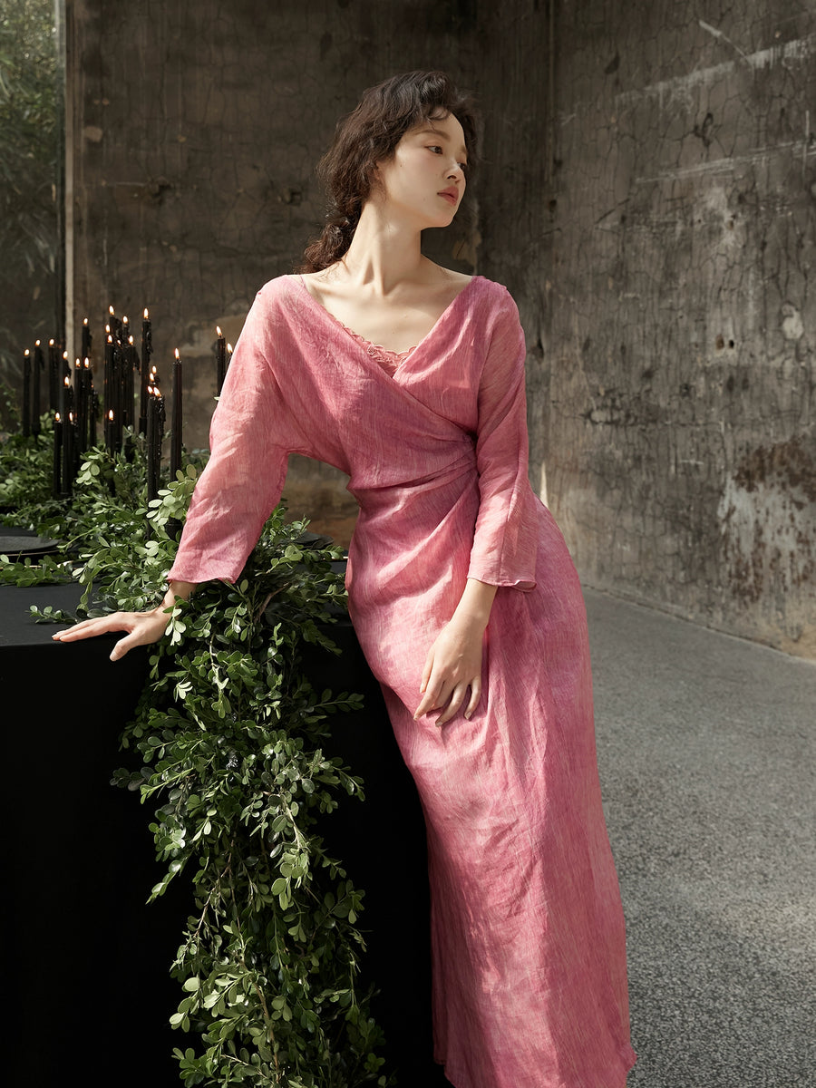 Peach Blossom with a Human Face 人面桃花 New Chinese Style Pure Ramie Wrap Dress