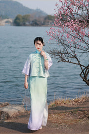 Ni 霓 Neon 1930s Gradient Leaf Jacquard Cap Sleeve Qipao