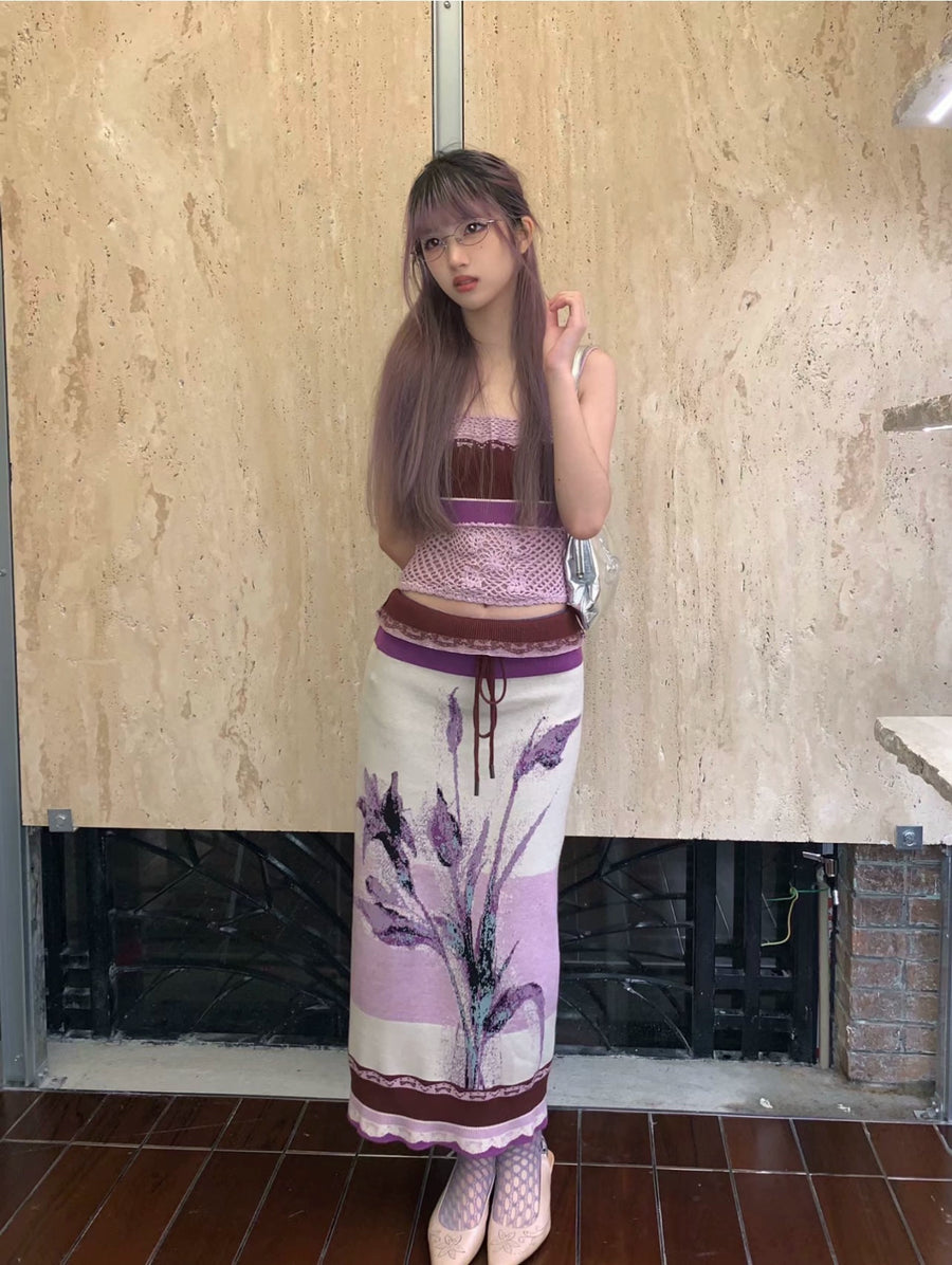 Zhen 薽 Orchid Neo Chinese Painted Flower Knit Skirt