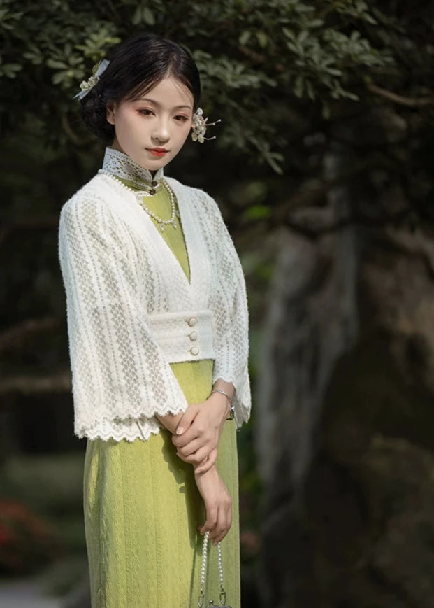 Xue Hua 雪花 Snowflake Republic of China Knitted Lace Qipao Cardigan