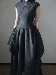 Wednesday 星期三 New Chinese Style Pinstripe Square Skirt Victorian Qipao Dress