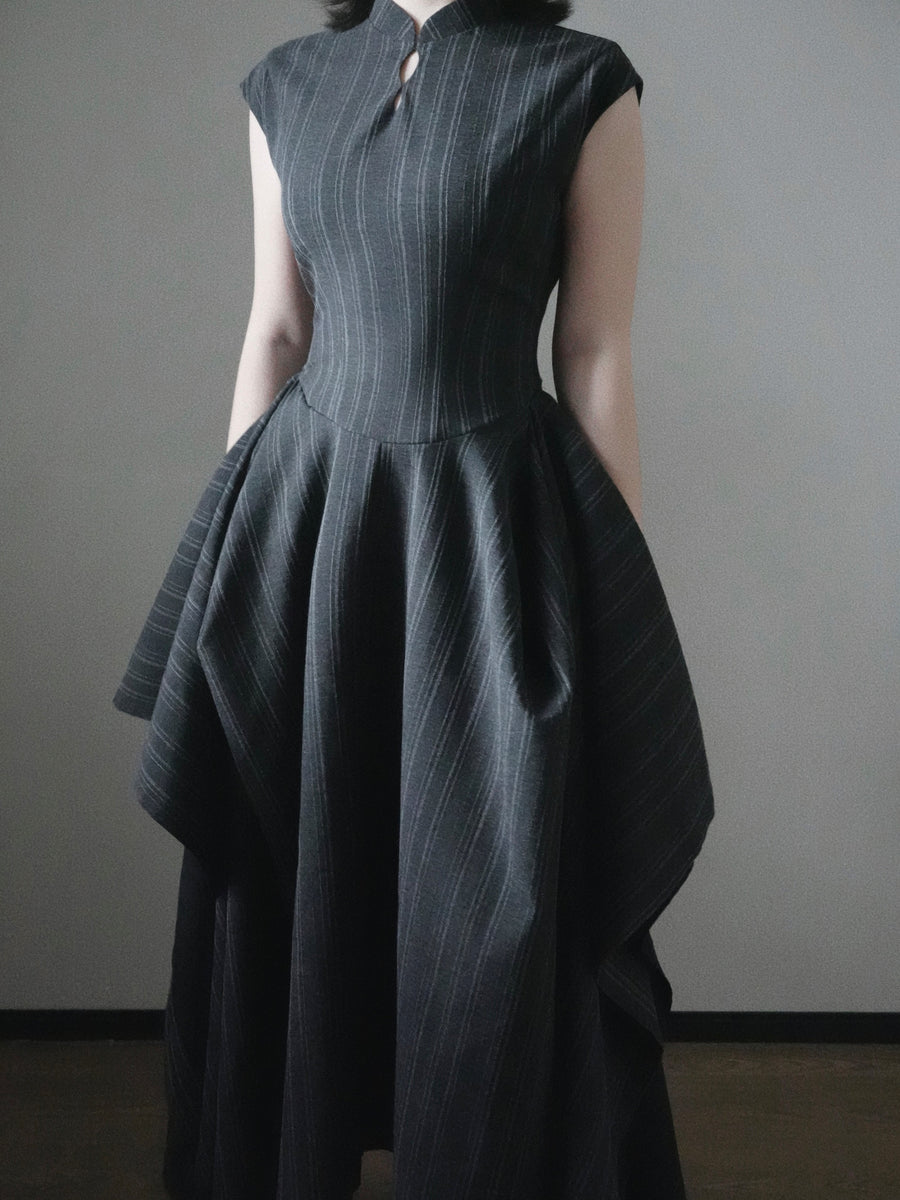 Wednesday 星期三 New Chinese Style Pinstripe Square Skirt Victorian Qipao Dress