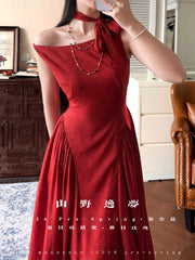 Luori Meigui 落日玫瑰 Sunset Rose New Chinese Style Sleeveless Vintage Boat Neck Flared Dress