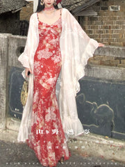 Tumi 荼靡 Bitter Herb New Chinese Style Summer Mermaid Floral Dress & Lace Cardigan Set