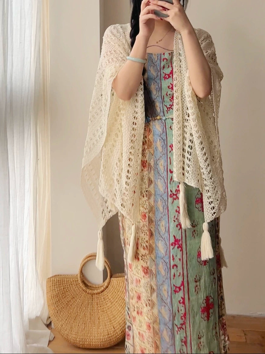 Trip to Dali 去大理 New Chinese Style Ancient Patchwork Beaded Collarless Qipao & Shawl Set