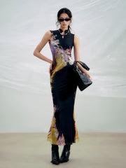 Li Meng 李梦 Plum Dream New Chinese Style Tricolor Print Sleeveless Qipao