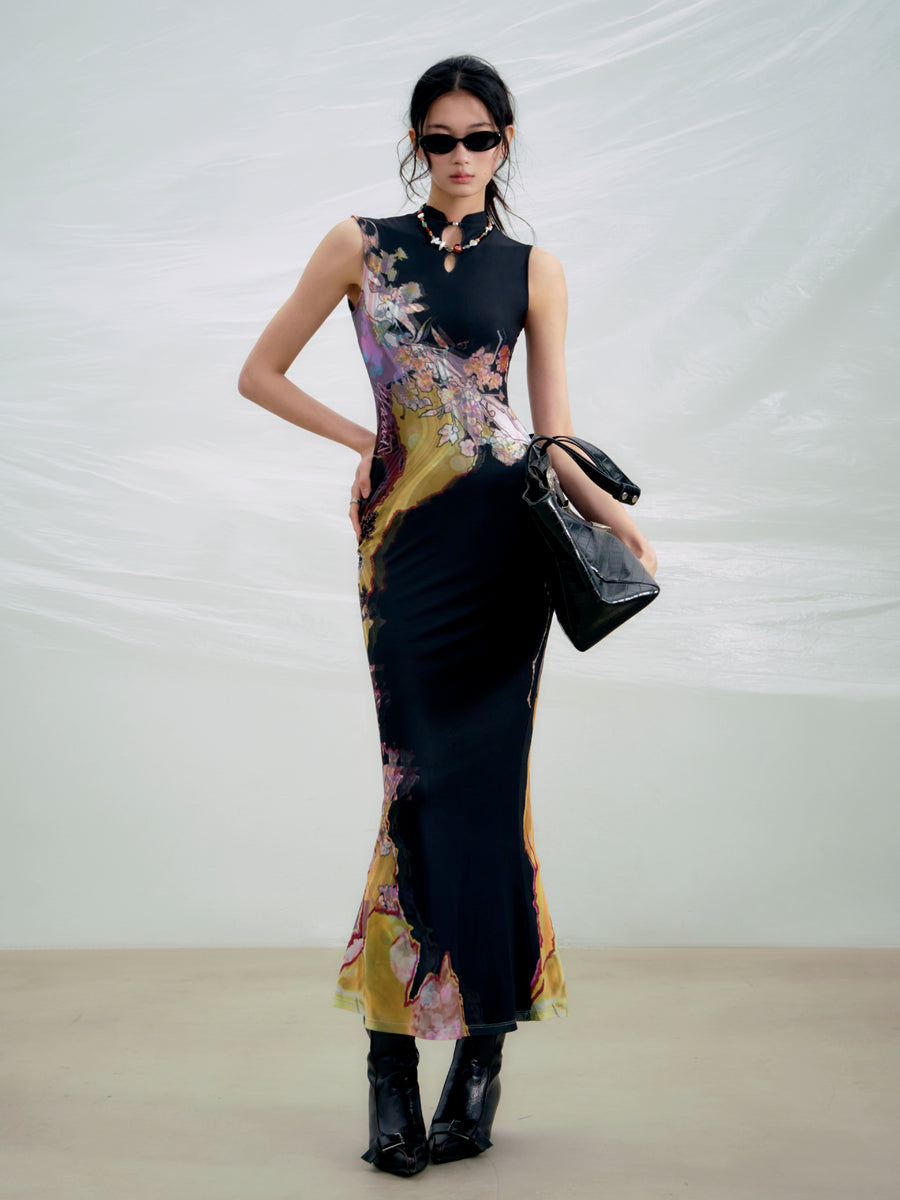 Li Meng 李梦 Plum Dream New Chinese Style Tricolor Print Sleeveless Qipao