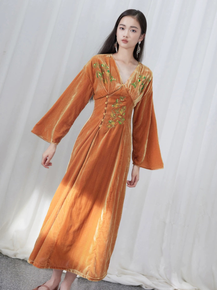 Ci Xiu 刺绣 Osmanthus Embroidery New Chinese Style Velvet Midi Dress