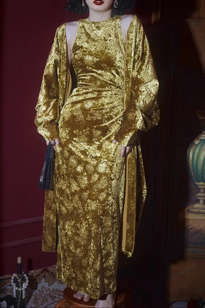 Liu Qi 鎏绮 Flowing Gold New Chinese Style Velvet Dress & Shawl Coat Set