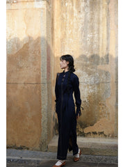 Lan Diao 蓝调 Everyday Blues Modernized Cotton Denim Long Sleeve Qipao
