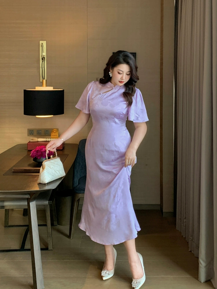 Zimo Diewu 紫陌蝶舞 Butterflies Dancing on Lavender Paths Plus Size Modernized Cutout Jacquard Butterfly Sleeve Qipao