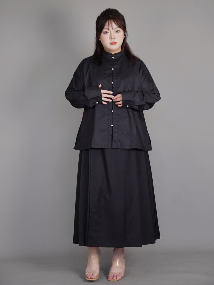 Wumei 妩媚 Charming Modernized Ming Plus Size Cotton Standing Collar Top & Midi Mamian Skirt Set