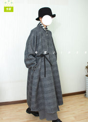 Hui Ge 灰格 Gray Grid Modernized Early Ming Sheep's Wool Tweed Coat & Cotton Denim Trousers