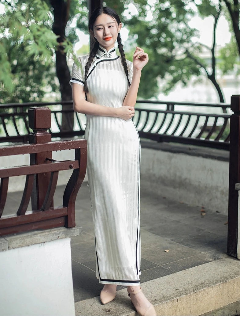 Shanghai 上海 1930s Poster Reproduction Sheer White Striped Qipao