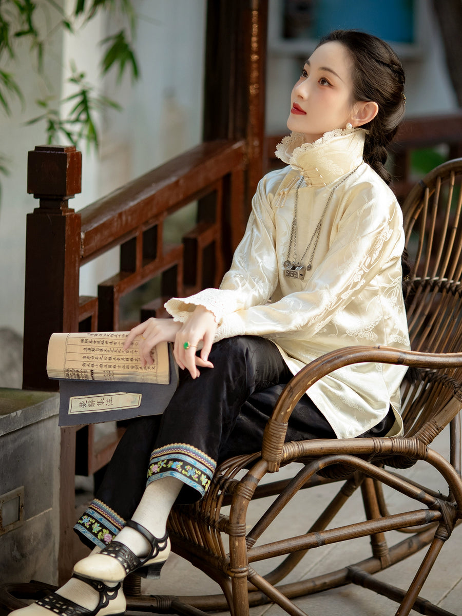 (Presale) Fuguang Xiying 浮光曦影 Floating Shadows 1910s Arrow Leg Brocade Trim Mid Waist Pants