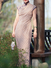 Hai Tang 海棠 Begonia Republic of China Geometric Print Pure Cotton Cap Sleeve Qipao