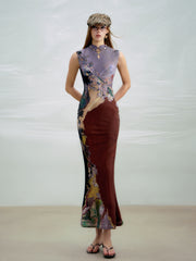 Li Meng 李梦 Plum Dream New Chinese Style Tricolor Print Sleeveless Qipao