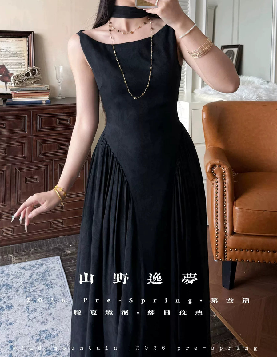 Huanghun Meigui 黄昏玫瑰 Dawn Rose New Chinese Style Sleeveless Vintage Boat Neck Flared Dress