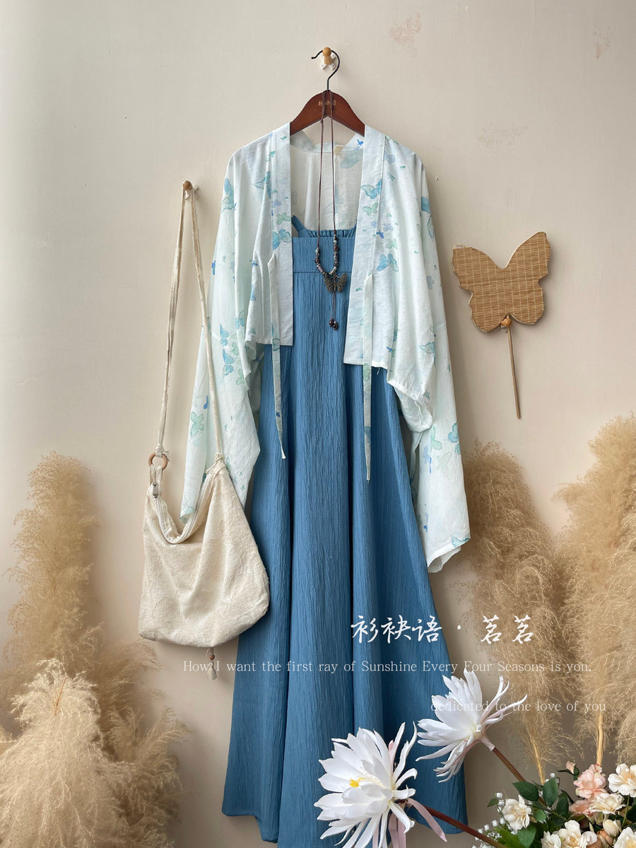 Ming Ming 茗茗 Modernized Tang Dynasty Qixiong Empire Dress & Shan Top Full Set Blue Dress + Butterfly Top / L