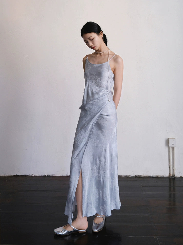 Yushu Luo 玉黍螺 Periwinkle New Chinese Style Bias Cut Satin Jacquard Two-Way Dress