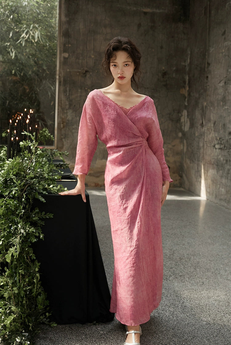Peach Blossom with a Human Face 人面桃花 New Chinese Style Pure Ramie Wrap Dress
