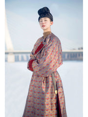 Xun Lu 驯鹿 Reindeer Tang Dynasty Unisex Winter Brocade Yuanlingpao Round Collar Robe