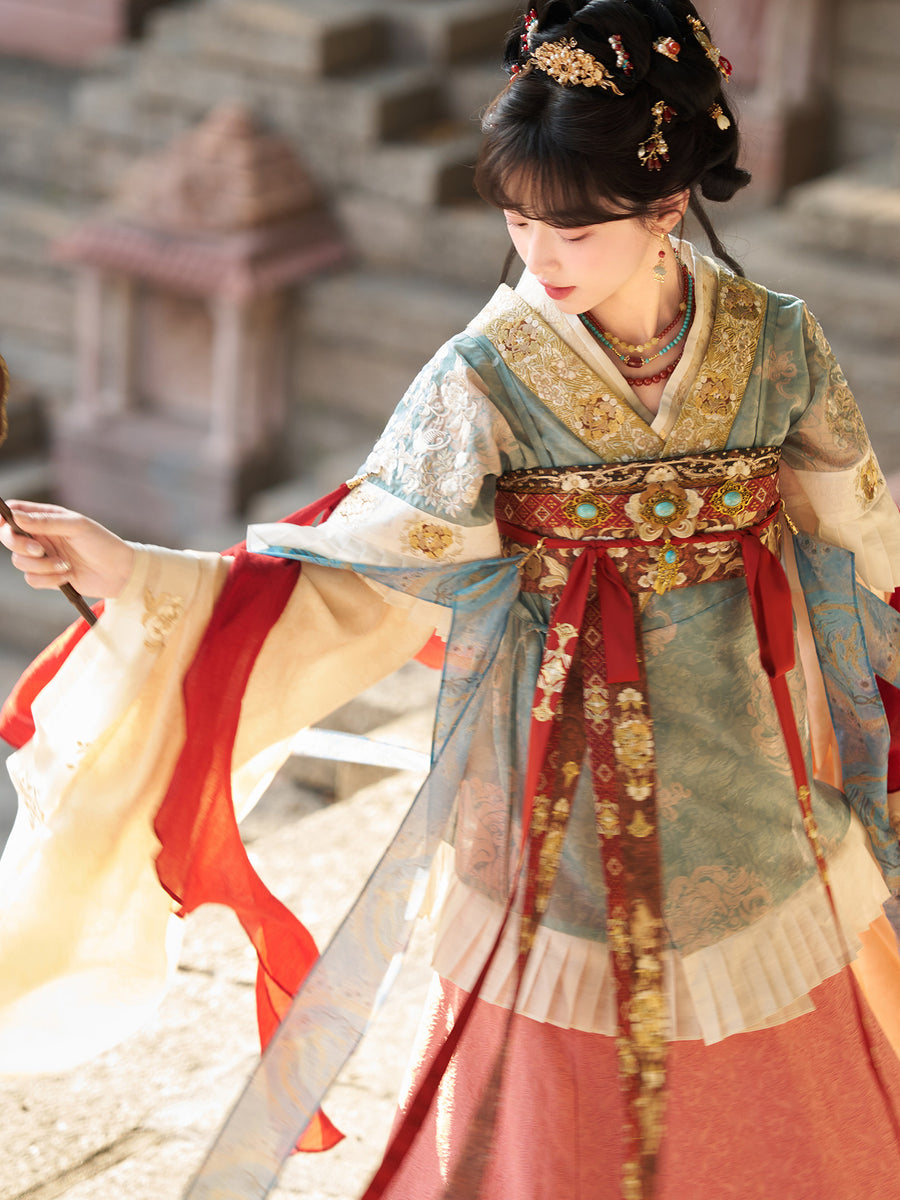 Qingluan Baoping 青鸾宝瓶 Azure Phoenix Fantasy WeiJin Dynasty Daxiushan Long Sleeve Top & Poqun Skirt Full Set