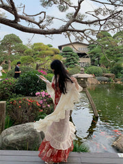 Tumi 荼靡 Bitter Herb New Chinese Style Summer Mermaid Floral Dress & Lace Cardigan Set