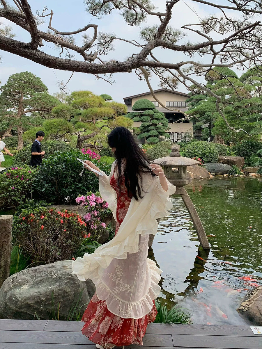 Tumi 荼靡 Bitter Herb New Chinese Style Summer Mermaid Floral Dress & Lace Cardigan Set