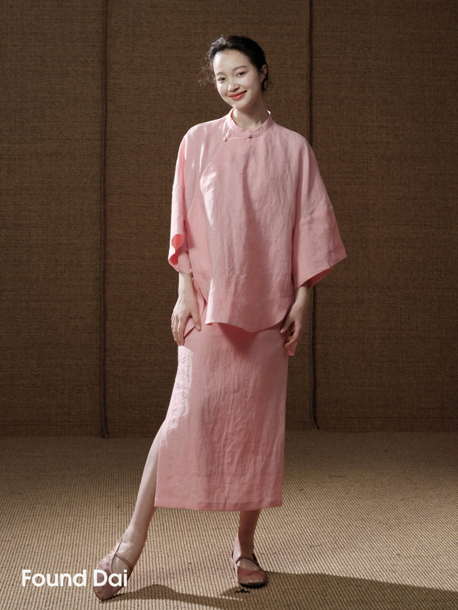 Bei Ke 贝壳 Seashells New Chinese Style Summer Ramie Qipao Top & Skirt Set