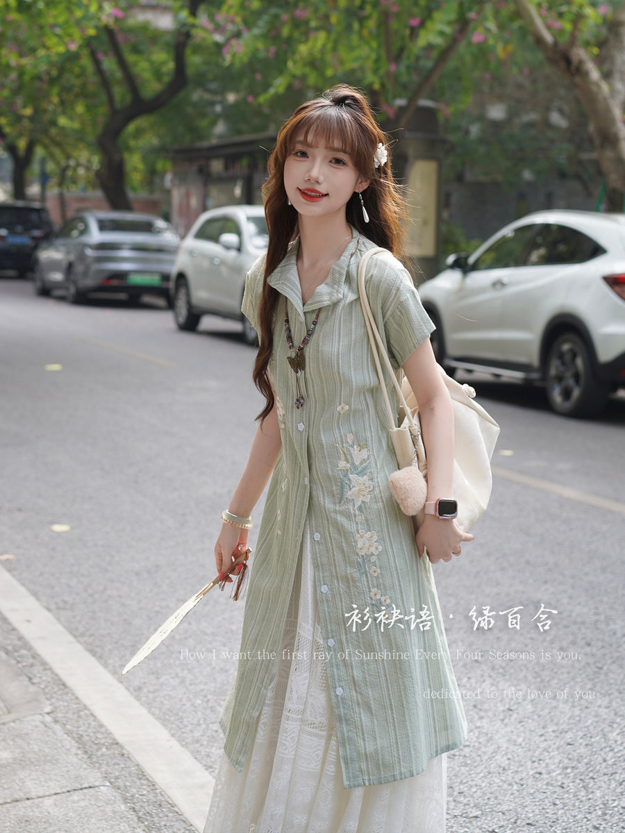 Lü Baihe 绿百合 Green Lily New Chinese Style Pure Cotton Round Collar Embroidered Day Dress Green Lily Dress / M