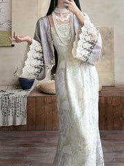 Zi Zhi 紫栀 Purple Gardenia Neo Chinese Lace Hezi Dress & Cardigan Set