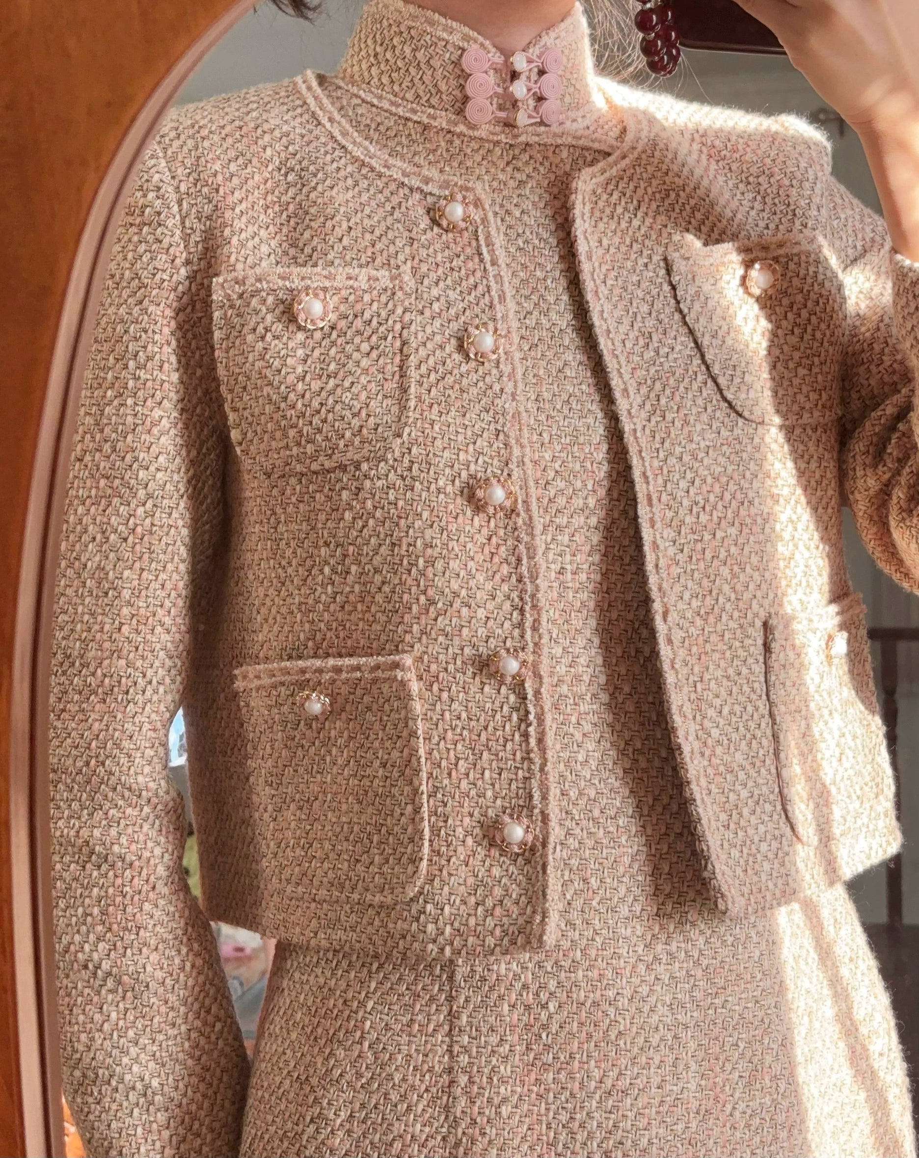 Mitao Wulong 蜜桃乌龙 Peach Oolong 1940s Inspired Tweed Qipao & Cropped Jacket Set