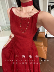 Luori Meigui 落日玫瑰 Sunset Rose New Chinese Style Sleeveless Vintage Boat Neck Flared Dress