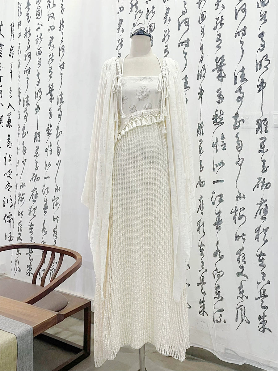 Jian Xue 见雪 Seeing First Snow New Chinese Style Cotton Empire Dress & Knit Bolero Set