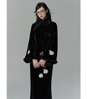 Kongshan Xungui 空山寻桂 Seeking Osmanthus Modern Embroidered Rabbit Long Sleeve Qipao & Fur Bijia Vest Set