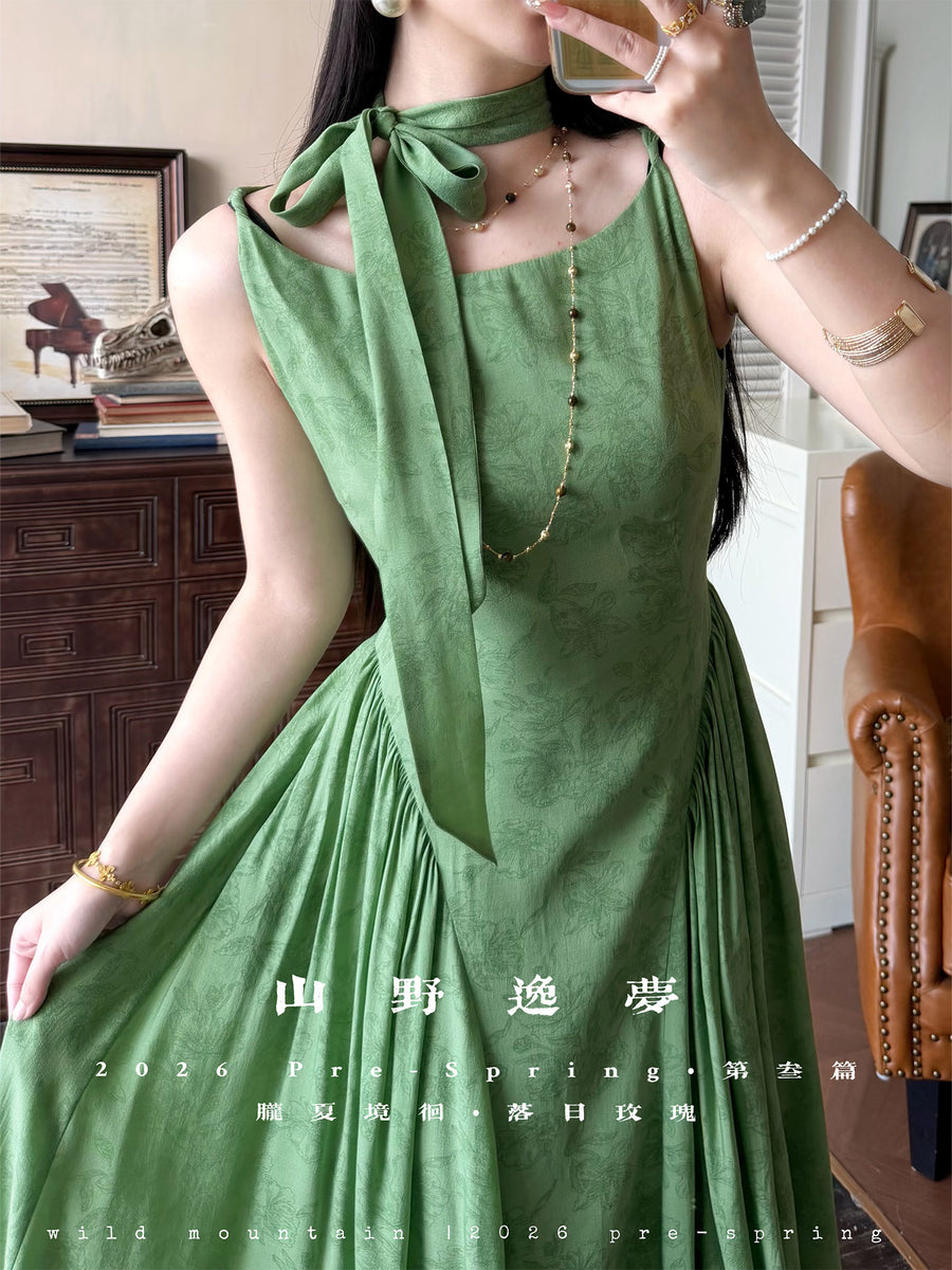 Huanghun Meigui 黄昏玫瑰 Dawn Rose New Chinese Style Sleeveless Vintage Boat Neck Flared Dress