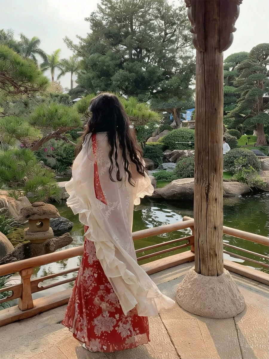 Tumi 荼靡 Bitter Herb New Chinese Style Summer Mermaid Floral Dress & Lace Cardigan Set