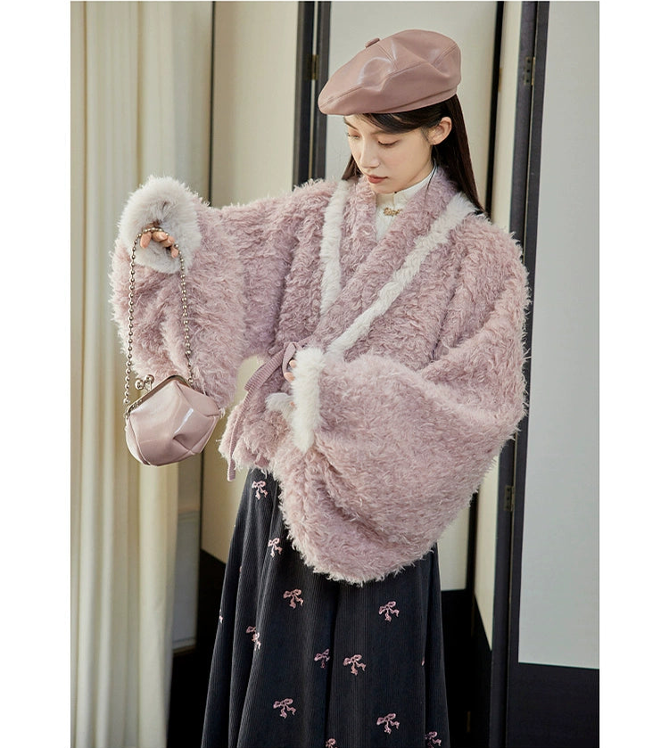 Bai Fu 百福 Hundred Wishes Modern Wei Ming Fur Cross Collar Coat & Velvet Poqun Skirt Set