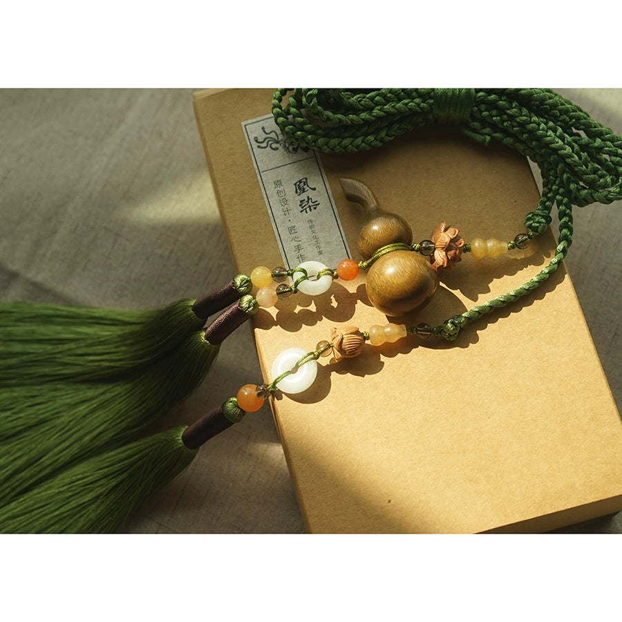 Mu Hulu 木葫芦 Wooden Gourd Tassel Belt Unisex Sandalwood & Jade Hanfu Accessory