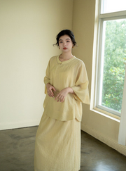 Jin Hehuan 金合欢 Acacia Tree Modernized Qipao Plus Size Cotton Blend Set