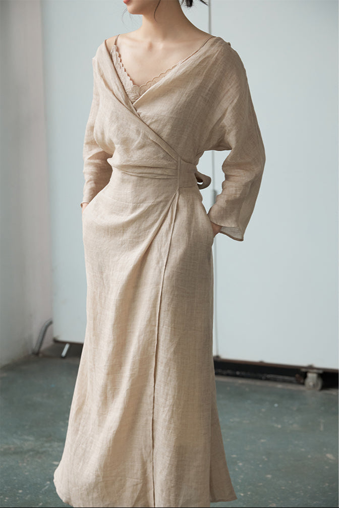 Peach Blossom with a Human Face 人面桃花 New Chinese Style Pure Ramie Wrap Dress